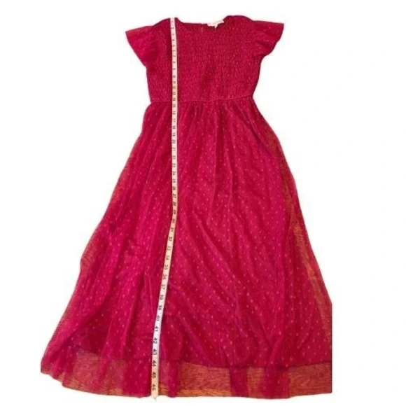 NWT Mine S Red Swiss Dot Tulle Maxi Dress Smocked Flutter Sleeve Cottagecore - Picture 3 of 14